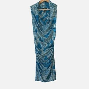 Ralph Lauren Dress Sleeveless Sheath Creased Ruched Cowl Neck Blue/ White Size 8